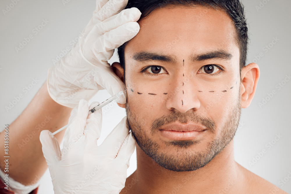 Sticker Man, portrait and hands with needle for plastic surgery, skincare and aesthetics in studio. Collagen, male model and medical procedure for wellness, beauty and cosmetics or change by white background