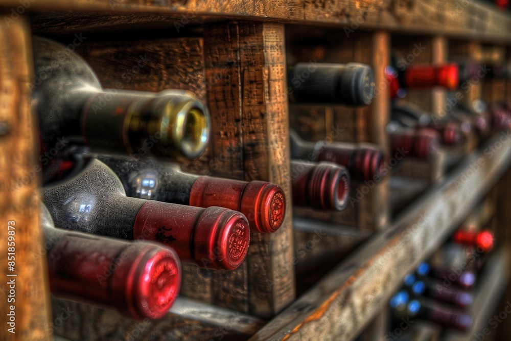 Poster a collection of wine bottles on a wooden shelf