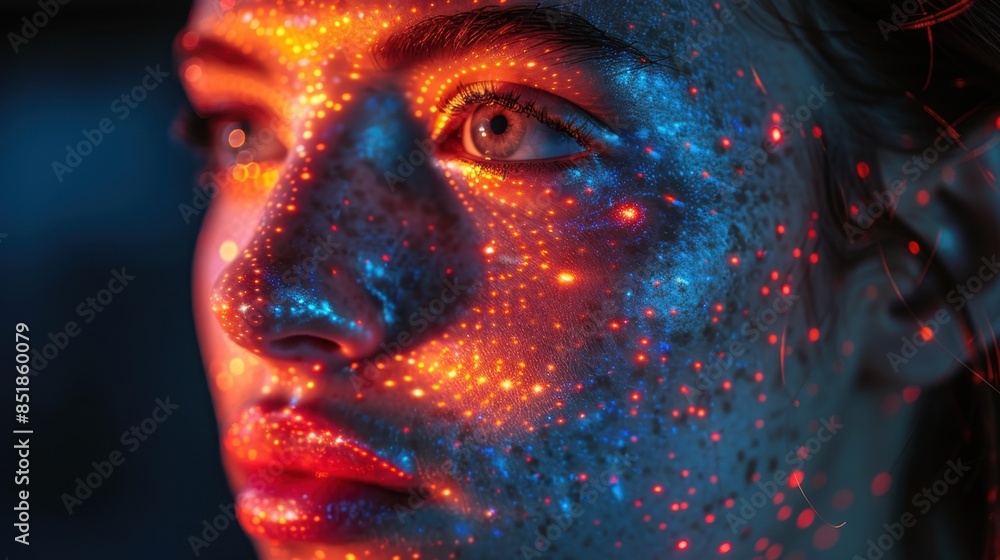 Aufkleber a conceptual portrait with geometric patterns of light projected onto the subject's face, creating a
