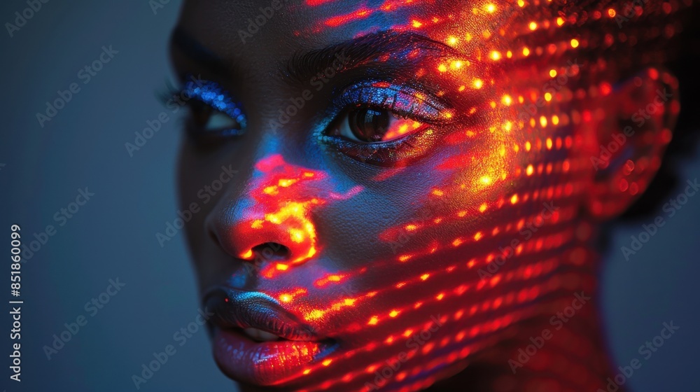 Poster a conceptual portrait with geometric patterns of light projected onto the subject's face, creating a