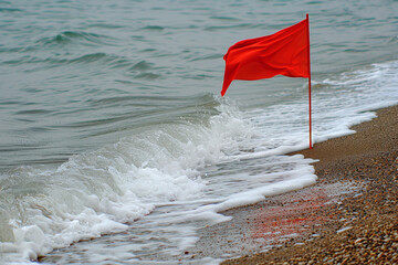 red flag at the beach on a windy day, dangerous wild sea, storm is coming