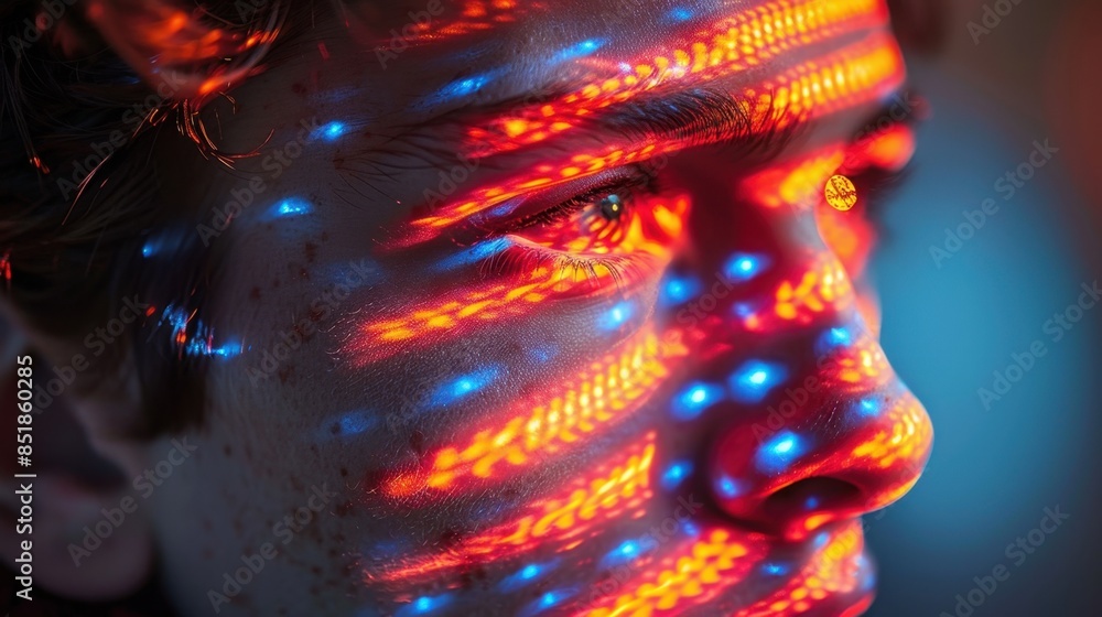 Aufkleber a conceptual portrait with geometric patterns of light projected onto the subject's face, creating a