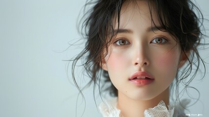 An angelic Japanese woman, beautiful, upper body, beauty hair model, solid white background. Generative AI.