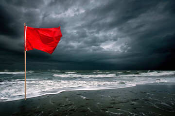 red flag at the beach on a windy stormy day, dangerous wild sea, storm is coming