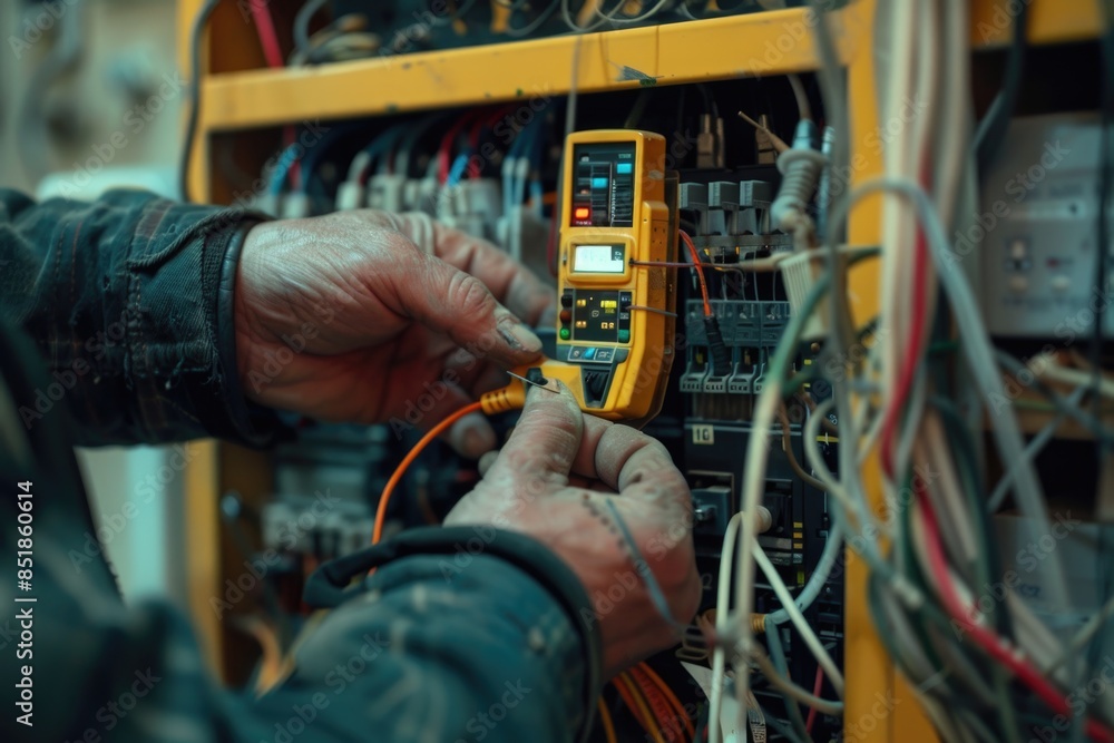 Poster a person operating a technical gadget, suitable for use in technology, science or industry contexts