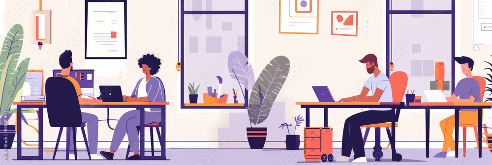 Poster an illustration depicting four individuals working at desks in a modern office setting. the individu