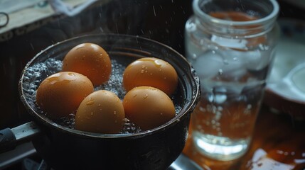 A pot filled with eggs is sitting on top of a stove, ready to be cooked