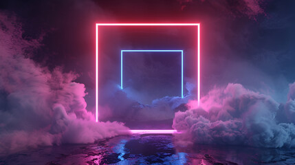 3d rendering, abstract futuristic background with neon geometric shape and stormy cloud on night sky. Rhombus frame with copy space
