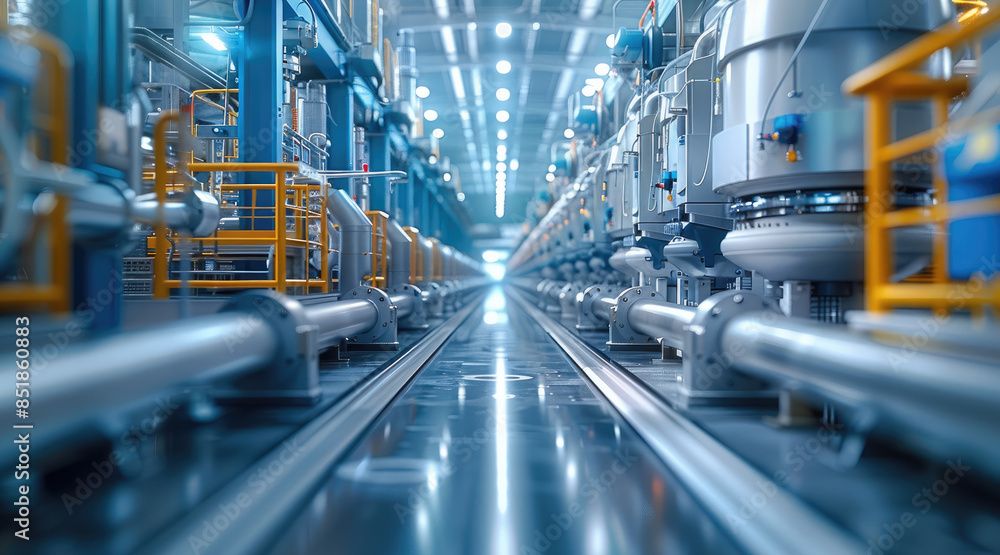 Poster automation factory concept, beautiful mechanical structures, the main colors are white and blue. it 