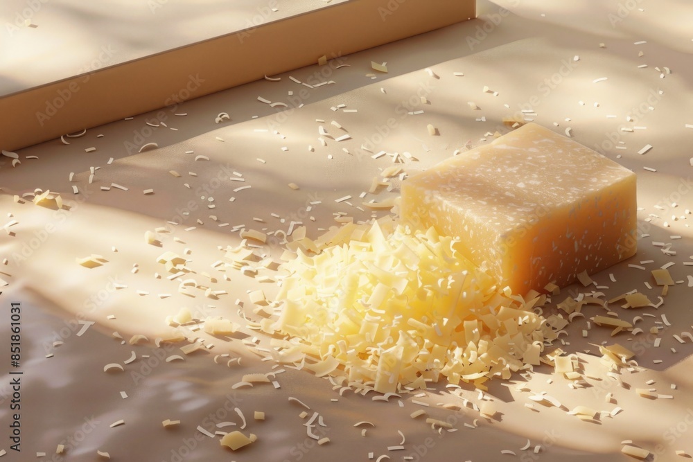 Poster a block of cheese sits atop a table, ready for use or display