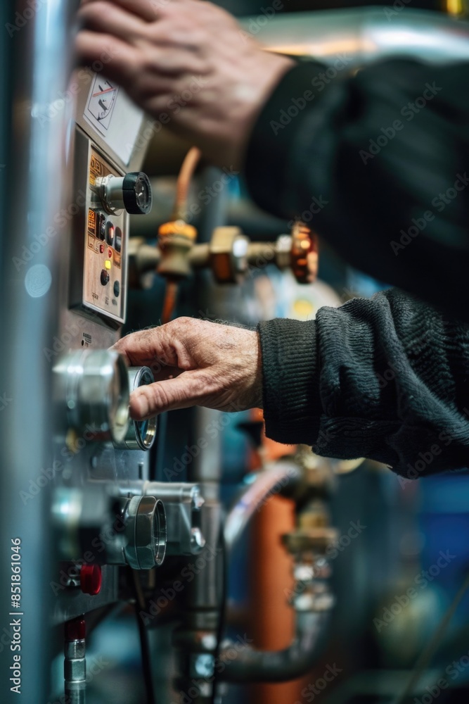 Poster close-up of someone pressing a button on a machine, useful for illustrating technology and industry