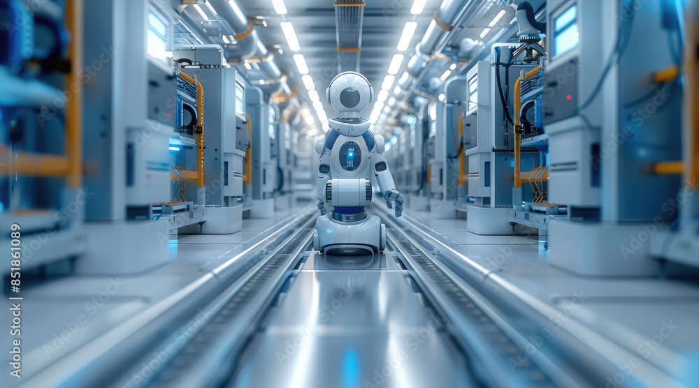 Poster automation factory concept, beautiful mechanical structures, the main colors are white and blue. it 