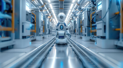 Obraz premium Automation factory concept, Beautiful mechanical structures, The main colors are white and blue. It has a clean and cool feeling. Generative AI.