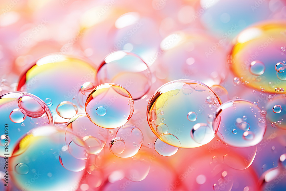 Poster pink holographic bubbles floating on the soft colorful abstract background in beautiful vivid tones.