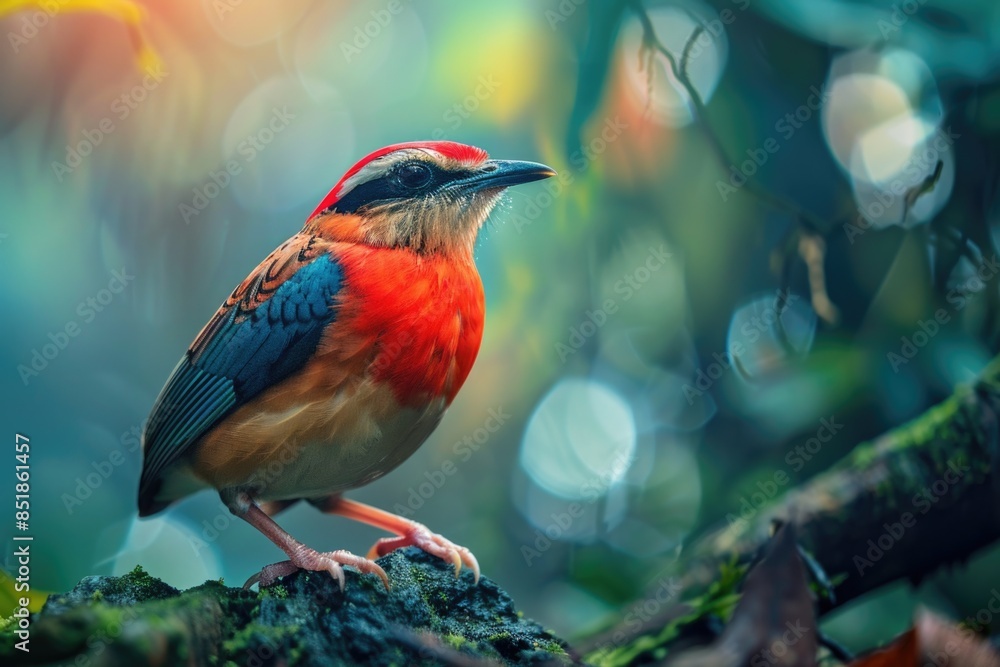 Poster a colorful bird sits on the top of a tree branch, looking around