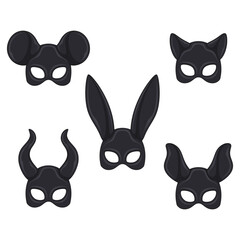 Set of color illustrations with black masks rabbit, cat, mouse, horns ears. Isolated vector objects on white background.
