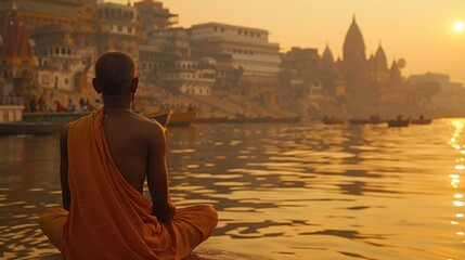 A monk meditates by the Ganges River at sunrise in Varanasi, India.  The city's skyline and boats on the water are visible in the background.