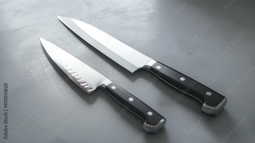 Aufkleber A close-up shot of two knives resting on a flat surface, possibly in a kitchen or dining setting