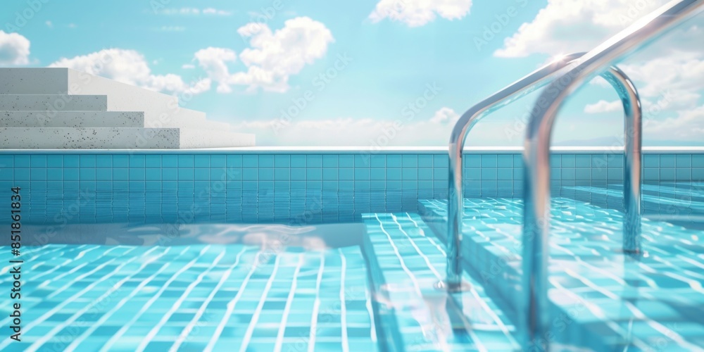 Poster a swimming pool with steps leading up to it, perfect for diving in or getting out of the water