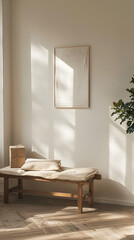 Minimalist Winter Interior with Wooden Bench, Christmas Gifts, and Plant Pot Against Neutral Palette Wall