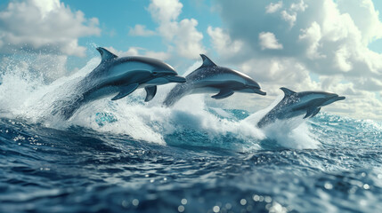 Three dolphins leap from the ocean waves, creating splashes and a sense of joy and freedom.  The blue sky and white clouds provide a stunning backdrop.