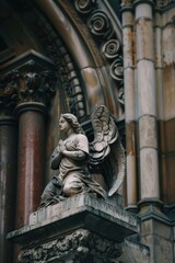 A beautiful depiction of an angel perched on the exterior wall of a building, perfect for use in religious or inspirational contexts