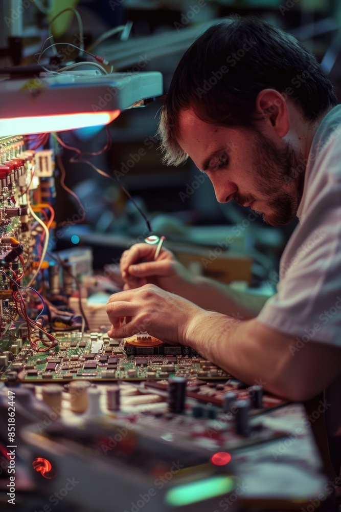 Aufkleber a person works on a circuit board with various components and wires