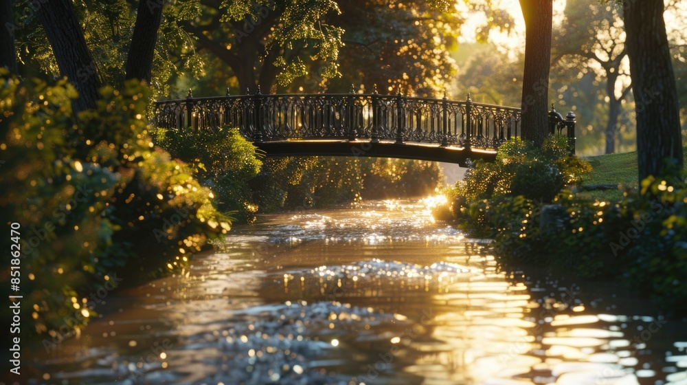 Poster a serene scene of a bridge spanning across a river, flanked by lush green trees