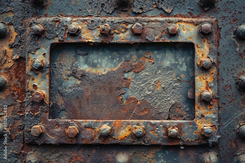 Wall mural A close-up shot of a rusty metal surface featuring rivets and riveting details