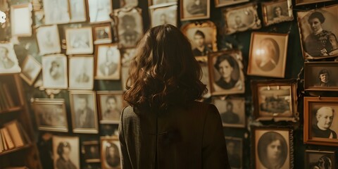 Obraz premium Woman Traces Her Ancestry Through DNA and Hangs Old Family Photos on Wall. Concept Family Roots, DNA Revelation, Ancestral Journey, Genealogy Exploration, Photo Wall Display