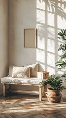 Serene Holiday Interior with Wooden Bench and Christmas Gift Boxes