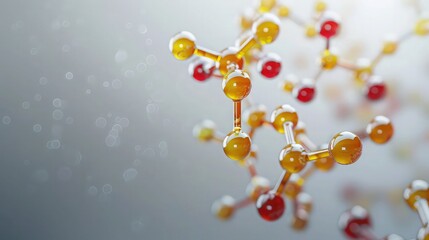 Abstract molecular structure with yellow and red spheres connected by rods floating against a soft, light gray background.