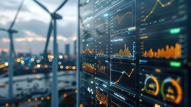 Wind turbine energy management system with real-time statistics and data analytics displayed on digital interfaces. Generative AI.