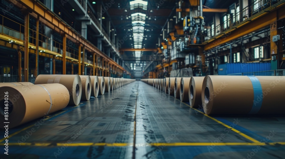 Poster stacks of paper rolls stored in a large warehouse space
