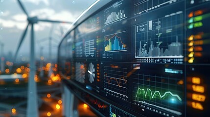 Wind turbine energy management system with real-time statistics and data analytics displayed on digital interfaces. Generative AI.