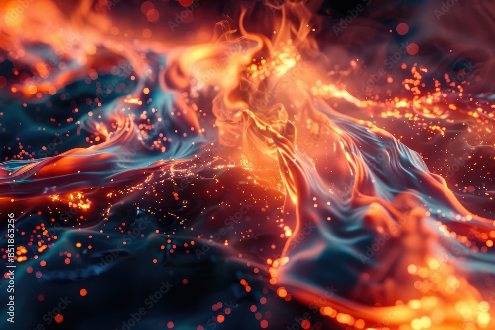 Poster a close-up view of the surface of fire and water, showcasing their unique textures
