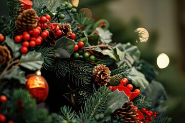 A closeup of a smart wreath with embedded sensors that monitor air quality and release festive scents when levels drop