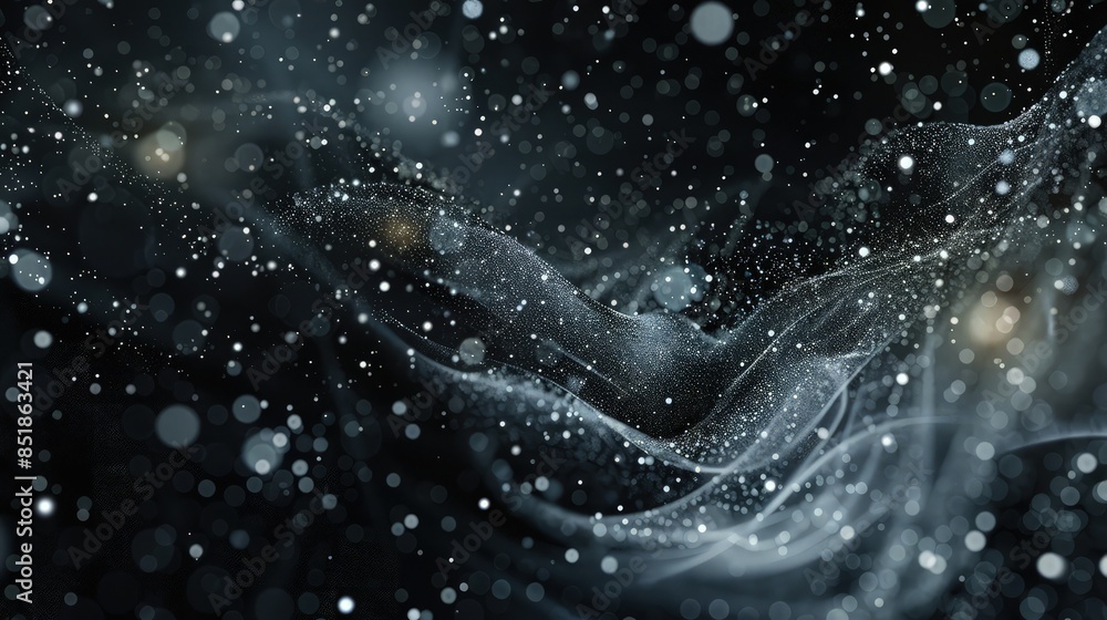 Poster an abstract, fluid black background dotted with pearly white and grey particles, creating an image r