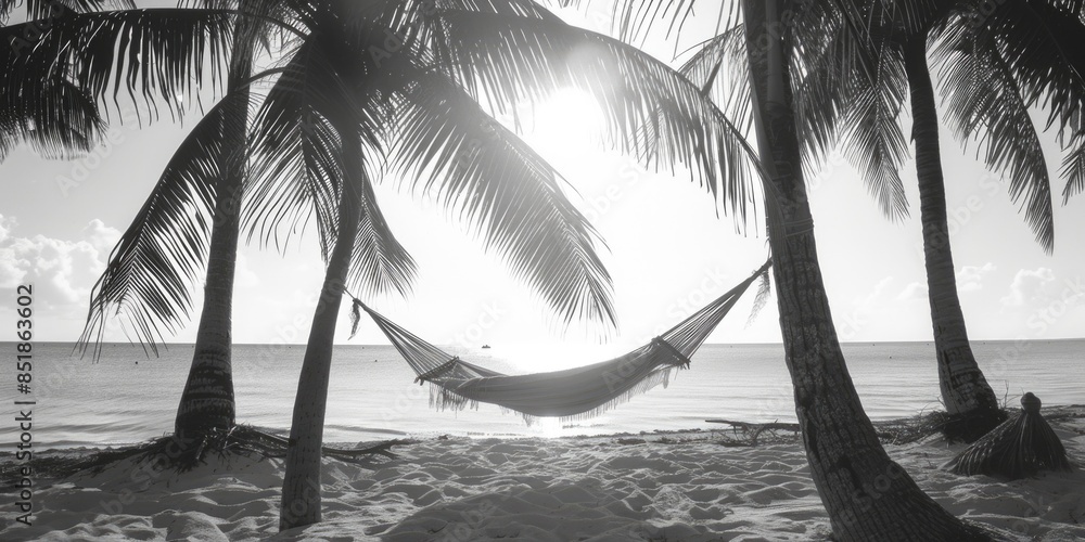 Poster a hammock suspended between two palm trees on a sunny beach