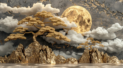 Volumetric stucco molding on a concrete wall with golden tree and Japanese landscape.