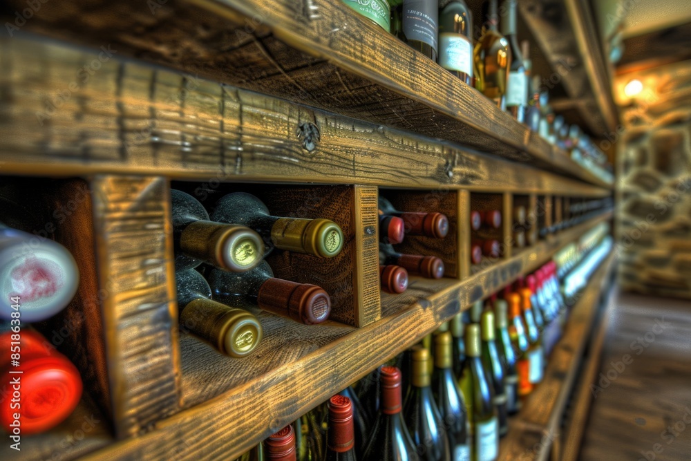 Poster A wooden shelf filled with various sizes and shapes of wine bottles