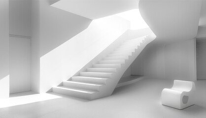 Obraz premium A single chair sits in a modern, minimalist interior, with a staircase leading up to a bright, open space