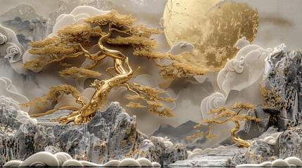 Volumetric stucco molding on a concrete wall with golden tree and Japanese landscape.