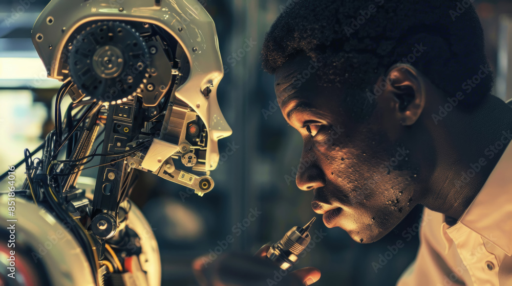Poster a man with a tool in his hand focuses on a robots face. the man is looking at the robot intently