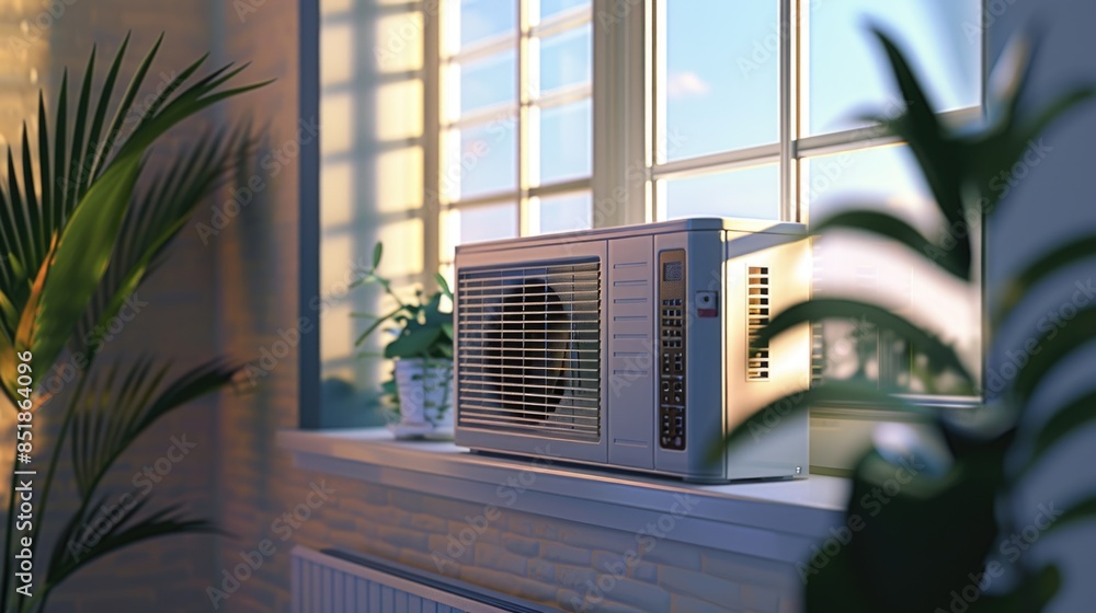 Poster a compact air conditioner unit sits on the window sill, ready for use