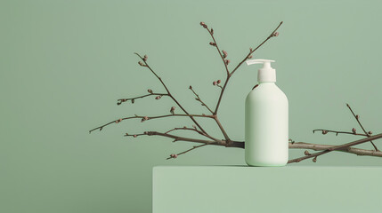 Gentle Touch - Product Photography of Lotion Bottle on Green Background with Delicate Twig, Simple Composition and Soft Lighting