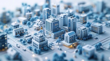 Future industrial city, with urban building roads as the main body, interleaved with blue building, a few house, surrounded by white space, futuristic sense, technology, isometric, 3D. Generative AI.