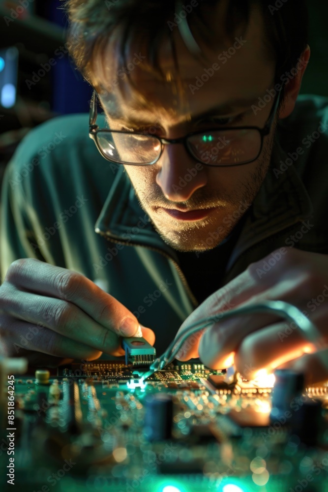 Poster a person assembling electronic components on a circuit board