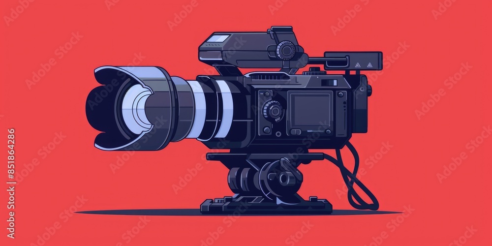 Aufkleber a camera mounted on a tripod against a red background, ready for use