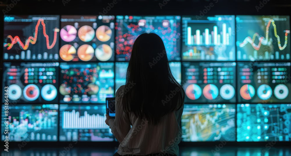 Poster a woman stands in front of a wall of screens displaying various data visualizations, including chart